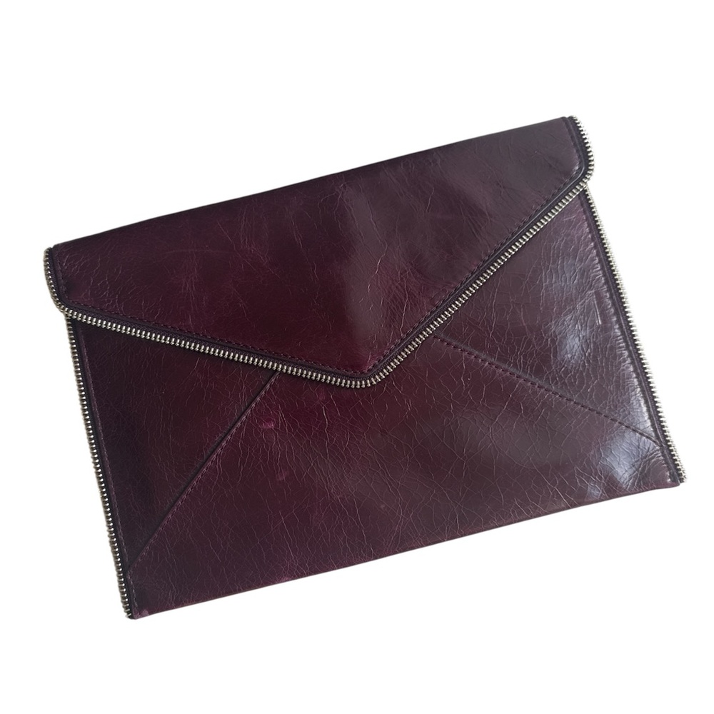Rebecca Minkoff Maroon Leo Soft Leather Envelope Clutch Zipper Decor GUC